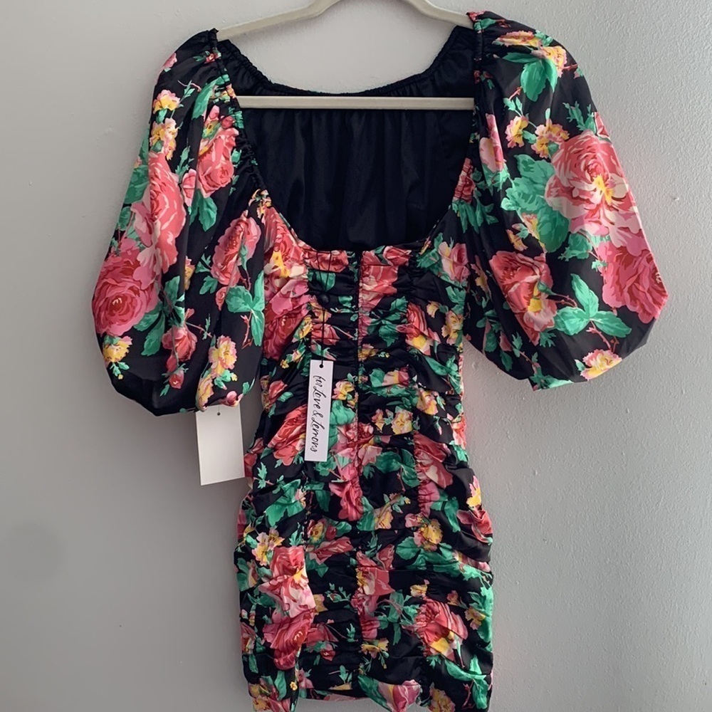 NWT For Love and Lemons Jolie Floral Ruched Puff Sleeve Mini Dress size XS - Picture 9 of 11
